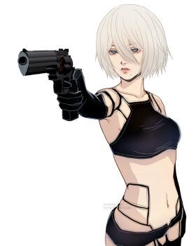 Rule 34 | 1girl, a2 (nier:automata), black boots, black gloves, black shirt, blue eyes, boots, crop top, elbow gloves, gloves, grey hair, hair between eyes, high heel boots, high heels, highres, invisible chair, legs, long hair, looking at viewer, mitsuki nite, mole, mole under mouth, nier:automata, nier (series), parted lips, shirt, simple background, single glove, sitting, solo, thighs, twitter username, very long hair, white background