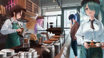 4girls absurdres apron arius_squad_(blue_archive) atsuko_(blue_archive) barista black_necktie blue_archive blue_eyes blue_hair bocchi_(kuropom7) bottle breasts brown_eyes brown_hair brown_hat cabinet cafe closed_eyes coffee coffee_beans coffee_grinder coffee_maker coffee_pot collared_shirt counter cup disposable_cup door dress_shirt food green_apron green_eyes green_hair hair_over_one_eye hat high_ponytail highres hiyori_(blue_archive) holding holding_kettle holding_tray indoors jacket jacket_on_shoulders kettle large_breasts long_hair looking_down low-tied_long_hair menu_board misaki_(blue_archive) multiple_girls necktie peaked_cap pink_hair plate ponytail revision saori_(blue_archive) shirt short_hair short_necktie sidelocks tray white_shirt window
