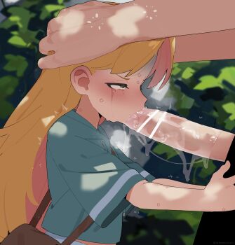 1boy 1girl absurdres aqua_jacket bar_censor blonde_hair censored colored_inner_hair commentary_request fellatio green_eyes hands_on_another&#039;s_head hetero highres irrumatio jacket long_hair mizumizuni multicolored_hair oral outdoors penis pink_hair ruri_no_houseki short_sleeves solo_focus sweat tanigawa_ruri two-tone_hair