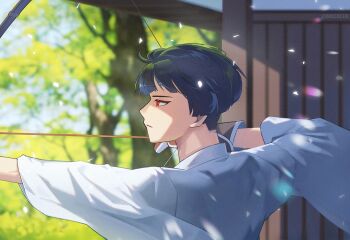 1boy 8083_blue arrow_(projectile) blunt_bangs blurry blurry_background bow_(weapon) closed_mouth commentary drawing_bow holding holding_arrow holding_bow_(weapon) holding_weapon hoshina_soshiro kaijuu_no._8 long_sleeves male_focus outdoors red_eyes short_hair sideburns solo upper_body weapon wide_sleeves
