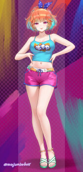 1girl :p absurdres blue_camisole breasts camisole cleavage crop_top dolphin_shorts earrings full_body highres hololive hololive_english hoop_earrings jewelry medium_breasts midriff navel pink_nails pink_shorts polka_dot polka_dot_background ponytail purple_eyes sandals short_ponytail short_shorts shorts solo standing takanashi_kiara takanashi_kiara_(fever_night) thighs tongue tongue_out virtual_youtuber wajuniorbox wide_ponytail