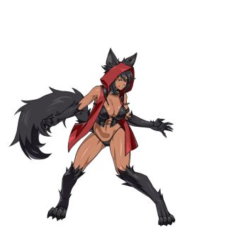 Rule 34 | 1girl, animal ears, animal feet, axl crow, black bra, black corset, black hair, black panties, bra, breasts, brown eyes, cape, choppy bangs, cleavage, commentary, corset, dark-skinned female, dark skin, demonherd, english commentary, full body, hood, hood up, hooded cape, keira (demonherd), large breasts, leg fur, panties, parted lips, red cape, short hair, simple background, smile, solo, tail, underwear, white background, wolf ears, wolf girl, wolf tail