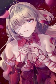 1girl bandage_over_one_eye bare_shoulders breasts closed_mouth commentary_request dress grey_eyes grey_hair halter_dress halterneck highres looking_at_viewer medium_breasts nail_polish partial_commentary petals phrolova_(wuthering_waves) red_dress red_nails red_petals shikuwata solo upper_body wuthering_waves