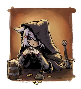 1girl alcohol animal_ears beer beer_mug brown_cloak cloak coin couter cup fox_ears fox_girl fur-trimmed_cloak fur_trim gendou_pose gold_coin hands_clasped hood hood_up hooded_cloak mug oaksentinel own_hands_clasped own_hands_together phase_connect pouch purple_eyes serious sheath sheathed short_hair sword tenma_maemi torn_hood vambraces virtual_youtuber warrior weapon white_hair