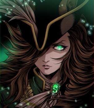 1girl animal_ears ascot brown_hair ears_through_headwear gem green_eyes green_gemstone green_jacket hair_over_one_eye hat highres horse_ears horse_girl jacket long_hair looking_at_viewer miru_(mill_36) parted_lips portrait solo toni_bianca_(umamusume) umamusume umamusume:_cinderella_gray upper_body white_ascot