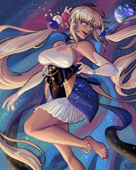 Rule 34 | 1girl, :d, absurdres, artist name, bare shoulders, barefoot, black dress, blue dress, breasts, commentary, crying, crying with eyes open, dress, earth (planet), elbow gloves, english commentary, feet, giant, giantess, gloves, grey hair, hair ornament, highres, hololive, hololive english, kluverdesigns, large breasts, limiter (tsukumo sana), long hair, multicolored dress, nail polish, open mouth, planet, planet hair ornament, purple nails, sideboob, sleeveless, sleeveless dress, smile, solo, space, tears, toenail polish, toenails, toes, tsukumo sana, tsukumo sana (1st costume), twintails, twitter username, usaslug (tsukumo sana), very long hair, virtual youtuber, white dress, white gloves, yellow eyes