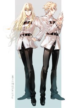 2boys arm_at_side belt belt_buckle bishounen black_belt black_pants black_shoes blonde_hair blue_background buckle chaldea_logo chaldea_uniform chest_belt closed_mouth collared_jacket command_spell commentary daybit_sem_void expressionless fate/grand_order fate_(series) full_body gradient_background grey_background grey_eyes hair_between_eyes hand_on_own_hip hands_up jacket kirschtaria_wodime long_hair long_sleeves looking_ahead looking_at_viewer m-tobiei male_focus multiple_boys outside_border own_hands_together pants pillarboxed shoes short_hair side-by-side simple_background standing translated wavy_hair white_jacket
