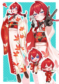 1girl 3znk :d :o absurdres ange_katrina ange_katrina_(new_year) aqua_background aqua_bag artist_name bag black_gloves black_hair black_sash blue_eyes blush boots border braid brown_boots closed_eyes commentary_request crossed_bangs dot_nose flat_chest floral_print floral_print_gloves floral_print_kimono flower furisode gloves grin hair_intakes hair_over_shoulder half-closed_eyes hand_up handbag hands_up highres holding holding_bag holding_omikuji holding_own_hair japanese_clothes kimono lace lace_gloves long_hair long_sleeves looking_at_viewer low_twin_braids multicolored_hair multicolored_sash multiple_views nijisanji obi obiage obidome obijime omikuji open_mouth orange_sash outline outside_border outstretched_arm print_kimono red_flower red_hair red_kimono red_sash sash signature single_hair_intake smile snow_rabbit standing streaked_hair teeth twin_braids two-tone_hair upper_teeth_only v virtual_youtuber white_border white_kimono white_outline