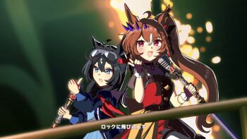 2girls ahoge black_hair blue_eyes blurry blurry_background blush braid breasts collarbone commentary_request contrail_(racehorse) goggles goggles_on_head hair_between_eyes hair_ornament holding holding_microphone jacket liberty_island_(racehorse) long_hair looking_at_viewer medium_breasts microphone multiple_girls open_mouth original personification red_eyes side_braid side_ponytail stage toumyao_neko translation_request umamusume