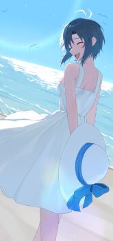 1girl ^_^ absurdres antenna_hair beach black_hair blush breasts closed_eyes commentary_request dress hat highres horizon idolmaster idolmaster_(classic) kikuchi_makoto outdoors short_hair simple_bird sleeveless sleeveless_dress small_breasts smile solo sun_hat sundress unworn_hat unworn_headwear white_dress white_hat yaki_tai