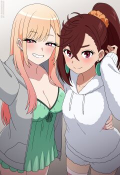 2girls absurdres ayase_momo barbell_piercing blonde_hair breasts brown_hair cleavage crossover dandadan dress earrings green_dress grey_jacket grin gyaru highres hood hoodie jacket jewelry kitagawa_marin medium_breasts multiple_girls nico-neko piercing ponytail red_eyes season_connection shorts sleepwear smile sono_bisque_doll_wa_koi_wo_suru trait_connection white_hoodie white_shorts