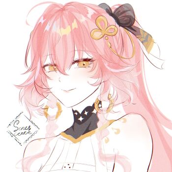 1girl bare_shoulders body_markings braid changli_(wuthering_waves) closed_mouth commentary_request hair_between_eyes hair_extensions hair_ornament highres long_hair looking_at_viewer orange_eyes pink_hair ring_hair_extensions senescence simple_background smile solo twin_braids white_background wuthering_waves