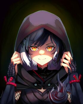 absurdres arm_guards artist_name ben-day_dots black_background black_cloak black_hair cloak closed_mouth commentary earrings english_commentary fishnets grey_hair highres hololive hololive_english hood hood_up hooded_cloak jewelry looking_at_viewer miku_(mikururun) monster_hunter_(series) multicolored_hair official_alternate_costume portrait screentones shiori_novella shiori_novella_(ebony_odogaron) short_hair smile solo split-color_hair straight-on swept_bangs two-tone_hair virtual_youtuber yellow_eyes