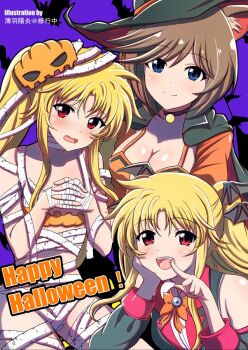 Rule 34 | 3girls, alicia testarossa, animal ears, artist name, bandages, bandeau, bat hair ornament, black cape, black choker, black jacket, blonde hair, blue eyes, blush, bob cut, bow, bowtie, breasts, brown hair, cape, cat ears, cat girl, choker, cleavage, closed mouth, clothing cutout, commentary request, dress, dress shirt, english text, fang, fate testarossa, finger to mouth, frown, hair ornament, halloween, halloween costume, happy halloween, head rest, highres, jacket, large breasts, rynith, long sleeves, lyrical nanoha, multiple girls, mummy costume, open mouth, orange bandeau, orange bow, orange bowtie, orange dress, own hands together, red eyes, shirt, short hair, shoulder cutout, siblings, sisters, smile, twintails, usuba kagerou (shougyouchu), vampire costume, white shirt, wing collar