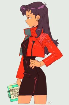 1girl black_skirt commentary cropped_jacket cropped_legs earrings english_commentary expressionless from_side hand_on_own_hip holding jacket jewelry katsuragi_misato long_hair looking_to_the_side neon_genesis_evangelion profile purple_hair red_jacket signature simple_background skirt solo stud_earrings tyto_alba white_background