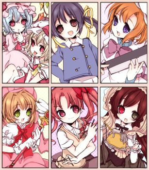 Rule 34 | 00s, 1990s (style), 6+girls, :3, :d, :o, blonde hair, blue eyes, blue hair, brown hair, cardcaptor sakura, clannad, finger to mouth, flandre scarlet, fuuin no tsue, green eyes, hair ribbon, hashitsuki nata, hat, hatchet, heterochromia, higurashi no naku koro ni, kinomoto sakura, kinomoto sakura (magician), long hair, moriyama shijimi, multiple girls, nata (tool), open mouth, pink eyes, pink hair, pink hat, red eyes, remilia scarlet, retro artstyle, ribbon, rozen maiden, ryuuguu rena, school uniform, shirai kuroko, short hair, siblings, sisters, smile, source request, suiseiseki, sunohara mei, sweater vest, toaru kagaku no railgun, toaru majutsu no index, tomoeda middle school uniform, tongue, tongue out, touhou, twintails, watering can