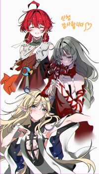 3girls :d ^_^ absurdres ahoge armpit_crease bare_arms bare_shoulders blonde_hair blue_eyes blush bracelet braid braided_hair_rings breast_curtains breasts cartethyia_(wuthering_waves) chromatic_aberration closed_eyes closed_mouth colored_eyelashes cropped_torso crown_of_thorns danjin_(wuthering_waves) detached_collar detached_sleeves earrings flower flower_hairpin flower_knot forehead_tattoo furrowed_brow green_hair grey_eyes hair_rings hands_up heterochromia highres holding holding_flower hoop_earrings jewelry korean_text long_hair long_sidelocks looking_ahead looking_at_object low-braided_long_hair low-tied_long_hair mandarin_collar middle_part multiple_earrings multiple_girls ofuda_earrings open_mouth outstretched_arm pankou parted_bangs pendant phrolova_(wuthering_waves) pointy_ears puritan_collar red_eyes red_flower red_hair red_tabard sidelocks simple_background single_detached_sleeve sleeveless small_breasts smile smu_(xhsg8274) spider_lily strapless tabard tacet_mark_(wuthering_waves) tassel tattoo translation_request turtleneck white_background wing_collar wuthering_waves