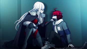 Rule 34 | 1boy, 1girl, absurdres, armor, black bodysuit, black cape, black gloves, blue streaks, bodysuit, cape, chain, chained, chained legs, facial mark, game cg, gloves, grabbing another's face, head grab, heterochromia, highres, hood, hoodie, komatsuzaki rui, long hair, looking at another, multicolored bodysuit, multicolored hair, non-web source, purple eyes, red bodysuit, red eyes, red hair, shoulder armor, smile, spoilers, streaked hair, sumino takumi, the hundred line -last defense academy-, two-tone bodysuit, v'ehxness, white hair