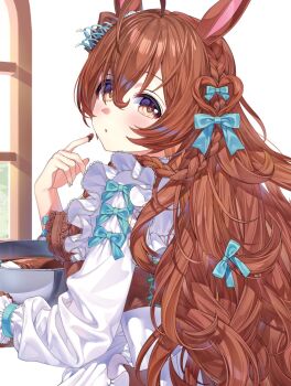 1girl ahoge animal_ears apron back_bow blue_bow blush bow braid brown_apron brown_eyes brown_hair chocolate_making chocolate_on_hand commentary food_on_hand frilled_shirt frills hair_between_eyes hair_bow hair_over_shoulder hand_up highres horse_ears horse_girl long_hair long_sleeves looking_at_viewer mejiro_bright_(umamusume) misomi_miso open_mouth puffy_sleeves shirt shirt_bow side_braid solo umamusume upper_body white_background white_bow