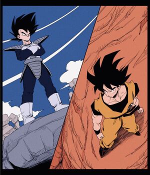 2boys ankle_boots armor arms_at_sides black_border black_eyes black_hair blue_bodysuit blue_sky bodysuit boots border clenched_hands closed_mouth clothes_writing cloud cloudy_sky contrail crossed_arms day dougi dragon_ball dragonball_z dutch_angle from_above from_below full_body gloves highres kz_(dbz_kz) legs_apart looking_down male_focus messy_hair monkey_tail multiple_boys muscular muscular_male outdoors pectorals perspective rock saiyan_armor serious shadow sideways_glance sky smirk son_goku spiked_hair split_screen standing tail tail_around_waist v-shaped_eyebrows vegeta white_footwear white_gloves wristband