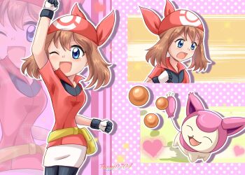 Rule 34 | bandana, bike shorts, bike shorts under shorts, blue eyes, brown hair, fanny pack, foggy0704, gen 3 pokemon, highres, may (pokemon), nintendo, one eye closed, open mouth, pokemon, pokemon (anime), pokemon (creature), pokemon rse (anime), red bandana, red shirt, shirt, shorts, skitty