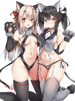 Rule 34 | 2girls, animal ear fluff, animal ears, animal hands, bare shoulders, bell, black legwear, black panties, blonde hair, blush, breasts, cat ears, cat paws, cat tail, commentary request, dangeroes beast (illya), dangeroes beast (miyu), duan zou de zhong zhang, fate/kaleid liner prisma illya, fate (series), fur collar, grey hair, grey jacket, grey legwear, hair bell, hair between eyes, hair ornament, hair ribbon, highres, illyasviel von einzbern, illyasviel von einzbern (beast style), jacket, long hair, looking at viewer, medium breasts, miyu edelfelt, miyu edelfelt (beast style), multiple girls, navel, official alternate costume, open mouth, panties, red eyes, red ribbon, revealing clothes, ribbon, simple background, smile, tail, thighhighs, underwear, white background, white ribbon, yellow eyes