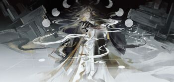 Rule 34 | 1boy, absurdres, arknights, black hair, chinese clothes, chinese commentary, closed mouth, colored extremities, commentary request, cowboy shot, crescent, dragon boy, dragon horns, expressionless, floating hair, grey background, hair between eyes, hand up, highres, holding go stone, horns, hycircoad, long hair, long sleeves, looking at viewer, male focus, moon phases, multicolored hair, pointy ears, smoke, solo, standing, streaked hair, very long hair, wang (arknights)