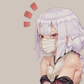 1girl bare_shoulders blush breasts detached_sleeves dildo_gag dildo_under_mask female_focus gag hans.b highres japanese_clothes long_hair looking_at_viewer mask meme mouth_mask original red_eyes silver_hair sleeveless solo surgical_mask thick_eyebrows upper_body