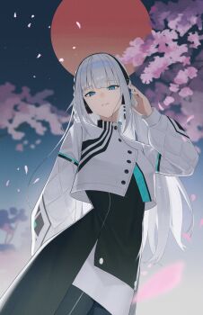 Rule 34 | 1girl, absurdres, arm up, black skirt, blue eyes, braid, cevio, cherry blossoms, gradient sky, hand on headphones, haru (cevio), headphones, highres, kamitsubaki studio, long bangs, long hair, multicolored eyes, neko hiiragi, purple eyes, quilted jacket, skirt, sky, standing, stare down, sun, two-tone eyes, white hair