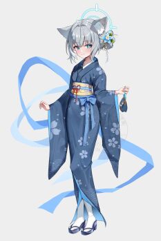 1girl absurdres animal_ears blue_archive blue_archive_the_animation blue_eyes blue_kimono blush cross cross_hair_ornament extra_ears floral_print grey_hair hair_ornament halo highres inverted_cross japanese_clothes kimono li_se looking_at_viewer medium_hair mismatched_pupils obi print_kimono sash shiroko_(blue_archive) solo wide_sleeves wolf_ears wolf_girl