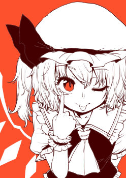 1girl absurdres akanbe ascot collared_shirt commentary_request crystal crystal_wings eyelid_pull flandre_scarlet frilled_shirt_collar frills hat highres medium_hair mob_cap one_side_up oninamako orange_background puffy_short_sleeves puffy_sleeves red_eyes shirt short_sleeves simple_background slit_pupils solo tongue tongue_out touhou vest wings wrist_cuffs
