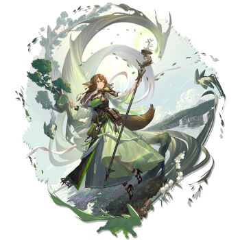 1girl :o absurdres animal_ear_fluff animal_ears arknights belt belt_pouch bird black_shoes breasts brown_bag brown_belt brown_dress brown_eyes brown_hair brown_overskirt capelet cleavage_cutout clothing_cutout cloud cloudy_sky collarbone dress flower flying forest fox fox_ears fox_girl full_body green_bag green_dress green_hairband green_overskirt green_theme hair_between_eyes hairband high_heels highres holding holding_staff id_card infection_monitor_(arknights) landscape lanzi_(415460661) large_breasts leaf long_dress long_hair long_skirt looking_up multiple_belts nature official_art open_mouth outdoors overskirt perfumer_(arknights) perfumer_the_distilled_(arknights) plant pouch river see-through_capelet see-through_clothes shoes shrug_(clothing) sidelocks skirt sky sleeveless sleeveless_dress solo staff standing tachi-e third-party_source transparent_background tree two-tone_dress underbust vines walkie-talkie water waterfall white_flower white_shrug white_skirt wide_sleeves zipper_dress