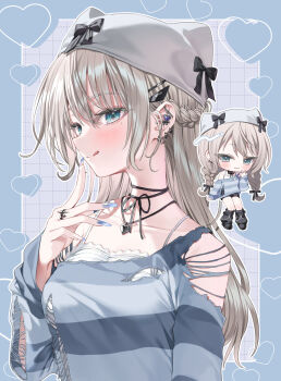 1girl :3 :q barbell_piercing beanie black_shoes black_socks blue_eyes blue_nails blue_shirt bow braid breasts camisole chibi chibi_inset commentary_request ear_piercing earrings half_up_braid hat hat_bow heart heart_necklace highres industrial_piercing jewelry long_hair looking_at_viewer medium_breasts multiple_earrings necklace original piercing ring shirt shoes socks solo striped_clothes striped_shirt tongue tongue_out torn_clothes torn_shirt tube_socks twin_braids white_camisole white_hat yana_mori