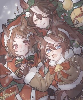 3girls animal_costume animal_ears antlers bell black_bow blue_eyes blush bow brown_hair candy candy_cane capelet christmas christmas_ornaments christmas_tree christmas_tree_costume closed_eyes closed_mouth commentary dress ears_through_headwear english_commentary fake_antlers food fur-trimmed_dress fur-trimmed_headwear fur_trim hair_between_eyes hat highres holly horns horse_ears horse_girl jeokpyemaseuteo long_hair long_sleeves multicolored_hair multiple_girls neck_bell open_mouth ponytail purple_eyes red_capelet reindeer_antlers reindeer_costume santa_costume santa_dress santa_hat short_hair smile streaked_hair symboli_rudolf_(christmas_emperor_tree)_(umamusume) symboli_rudolf_(umamusume) tokai_teio_(umamusume) tree_costume tsurumaru_tsuyoshi_(umamusume) two-tone_hair umamusume white_hair