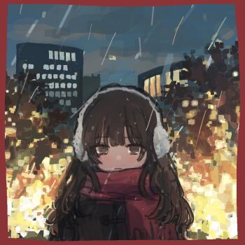 Rule 34 | 1girl, 62 retas, blurry, bokeh, border, brown eyes, brown hair, depth of field, duffel jacket, earmuffs, expressionless, long hair, night, original, outdoors, red border, scarf, sky, snowing, solo