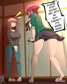 2girls absurdres aizawa_akemi aizawa_tomo ass bike_shorts breasts closed_eyes derivative_work english_text full_body highres iwillbuckyou large_breasts mature_female mother_and_daughter multiple_girls open_mouth pants parody red_hair shirt skirt speech_bubble standing tearing_up tomo-chan_wa_onna_no_ko upskirt