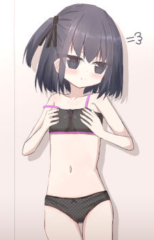 1girl angry black_bow black_bra black_eyes black_hair black_panties black_ribbon blush bow bow_panties bra breast_conscious breasts clothes_writing collarbone crotch_seam eyes_visible_through_hair grabbing_own_breast hair_ribbon heart heart_print loli looking_at_viewer navel original panties polka_dot polka_dot_panties ponytail pout print_bra puff_of_air ribbon shooko short_hair side_ponytail small_breasts standing strap_slip underwear