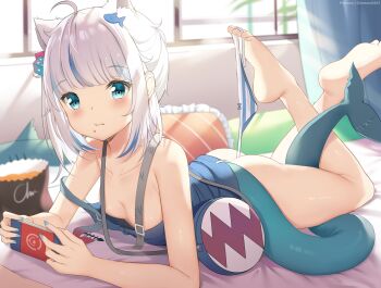 1girl ahoge animal_ear_fluff animal_ears ass bag bare_shoulders between_buttocks blue_eyes blue_nails blue_shirt blunt_bangs blush bottomless breasts cat_ears chintora0201 collarbone commentary_request convenient_censoring dice_hair_ornament eating feet fins fish_hair_ornament fish_tail food food_on_face full_body gawr_gura gawr_gura_(casual) hair_ornament handheld_game_console holding holding_handheld_game_console holding_with_feet hololive hololive_english indoors kemonomimi_mode legs_up looking_at_viewer lying medium_hair nail_polish no_bra no_panties on_bed on_stomach panties pillow shark_tail shirt shoulder_bag small_breasts soles solo strap_slip striped_clothes striped_panties tail tail_around_own_leg the_pose toes underwear unworn_panties virtual_youtuber white_hair