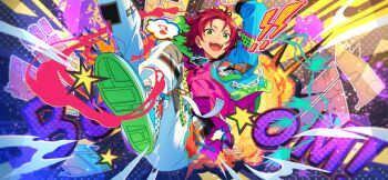 1boy bangs_pinned_back curtained_hair ensemble_stars! fingernails foot_out_of_frame game_cg green_eyes happy_elements isara_mao jacket layered_clothes long_sleeves looking_at_viewer male_focus manga-kai_(ensemble_stars!) musical_note official_art open_clothes open_jacket open_mouth pants red_hair short_hair smile solo teeth third-party_source upper_teeth_only zipper zipper_pull_tab