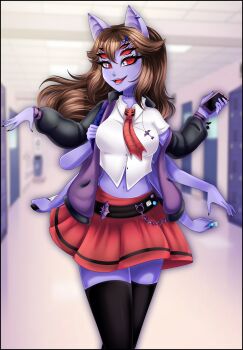 1girl absurdres animal_ears arthropod_girl bat_ears black_thighhighs breasts brown_hair cellphone cellphone_charm charm_(object) colored_sclera colored_skin dante_will dante_will_(spider) dress extra_arms extra_eyes fingernails highres holding holding_knife holding_phone insect_girl knife large_breasts long_hair long_sleeves monster_girl my_candy_love navel necktie neobaka phone pleated_skirt portuguese_commentary purple_skin raposavioleta red_sclera school_uniform sharp_fingernails shirt skirt smartphone smile spider_girl thighhighs virtual_youtuber white_shirt