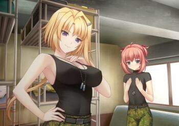 2girls bed black_shirt black_tank_top breast_envy breasts bunk_bed camouflage camouflage_pants covered_erect_nipples dog_tags ellen_aice flat_chest game_cg green_eyes hair_intakes hands_on_own_chest highres large_breasts looking_at_viewer looking_down low_ponytail miono_shizuku multiple_girls muv-luv muv-luv_alternative muv-luv_unlimited:_the_day_after official_art pants pink_hair ponytail purple_eyes sayori_(neko_works) shirt shirt_tucked_in smile tank_top two_side_up