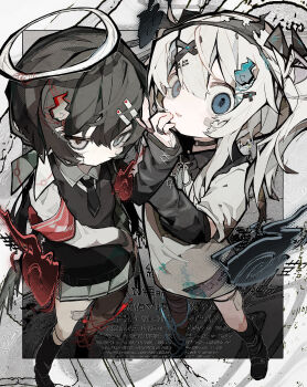 2girls absurdres armband black_arm_warmers black_boots black_hair black_hairband black_necktie black_shirt black_sweater_vest blue_eyes boots closed_mouth collared_shirt commentary expressionless full_body gauze gauze_on_face gauze_on_leg grey_eyes grey_ribbon grey_skirt hair_between_eyes hair_ornament hairband hairclip halo hand_on_own_chin highres hitodama_hair_ornament jewelry long_hair miniskirt multiple_girls neck_ribbon necktie open_mouth original pleated_skirt red_armband ribbon ring shirt short_hair short_sleeves skirt smile soresaki sweater_vest tsurime white_hair white_halo white_shirt x_hair_ornament