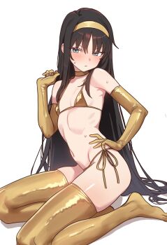 Rule 34 | 1girl, absurdres, bad link, bikini, black hair, blue eyes, blush, ebora, elbow gloves, flat chest, gloves, gold bikini, gold gloves, gold thighhighs, golden week, hair spread out, hand on own hip, hand up, headband, highres, long hair, looking at viewer, micro bikini, navel, solo, string bikini, sweat, swimsuit, tohno akiha, tsukihime, very long hair, white background