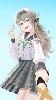 1girl absurdres black_hairband bow buruu11 commentary english_commentary firefly_(honkai:_star_rail) firefly_(spring_missive)_(honkai:_star_rail) gradient_hair green_bow grey_hair grey_skirt hairband happy highres honkai:_star_rail honkai_(series) long_hair multicolored_hair open_mouth sailor_collar school_uniform shirt skirt smile solo white_shirt