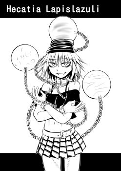 Rule 34 | 1girl, ayana mizuki, bags under eyes, belt collar, chain, collar, commentary request, cowboy shot, crop top, earth (ornament), greyscale, hat, hecatia lapislazuli, highres, looking at viewer, midriff, monochrome, moon (ornament), navel, off-shoulder shirt, off shoulder, open mouth, plaid clothes, plaid skirt, shirt, short hair, skirt, smile, solo, touhou, underworld (ornament)
