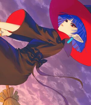 1girl absurdres back_bow blue_hair bow broom broom_riding cloud cloudy_sky earrings eyeliner hat highres irene_(zelda) jewelry looking_at_viewer looking_back makeup medium_hair neosilleosil nintendo outdoors pointy_ears red_eyes sideways sky solo the_legend_of_zelda the_legend_of_zelda:_a_link_between_worlds wide_sleeves witch witch_hat