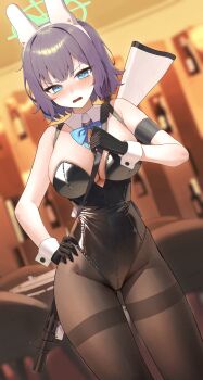 1girl absurdres alternate_costume animal_ear_hairband animal_ears black_gloves black_leotard black_pantyhose blue_archive blue_bow blue_bowtie blue_eyes bow bowtie breasts cleavage commentary detached_collar fake_animal_ears gloves green_halo gun gun_on_back hairband halo hand_on_own_hip highleg highleg_leotard highres indoors large_breasts leotard light_machine_gun looking_at_viewer machine_gun open_mouth pantyhose playboy_bunny purple_hair rabbit_ear_hairband rabbit_ears saki_(blue_archive) sbgu short_hair solo thighband_pantyhose weapon weapon_on_back white_hairband wrist_cuffs