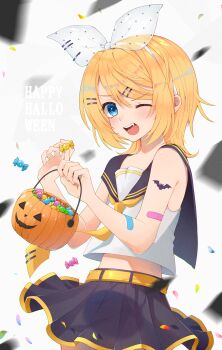 Rule 34 | 1girl, absurdres, arm tattoo, bandaid, bandaid on arm, bat tattoo, belt, blue eyes, blurry, blurry foreground, blush, bow hairband, candy, commentary request, confetti, crop top, fang, food, hair ornament, hairband, hairclip, halloween, halloween bucket, happy halloween, highres, holding, holding candy, holding food, hotaru (secru 0000), kagamine rin, midriff, necktie, one eye closed, open mouth, pleated skirt, sailor collar, see-through bow, shirt, skirt, sleeveless, sleeveless shirt, solo, tattoo, vocaloid, wrapped candy