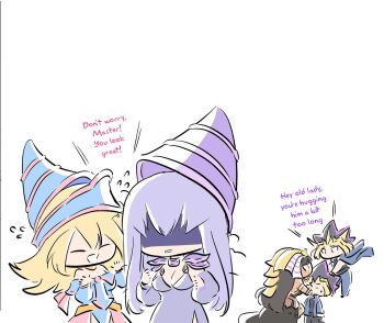 1boy 2girls black_dress black_hair black_shirt blonde_hair blue_jacket breasts chain cleavage commentary dark-skinned_female dark_magician dark_magician_girl dark_skin dress duel_monster english_commentary exodia_the_forbidden_one genderswap genderswap_(mtf) group_picture hat highres jacket large_breasts long_hair medium_hair millennium_puzzle multicolored_hair multiple_girls muto_yugi purple_eyes purple_hair purple_hat shirt simple_background spiked_hair white_background yami_yugi yu-gi-oh! yu-gi-oh!_duel_monsters zackpyo