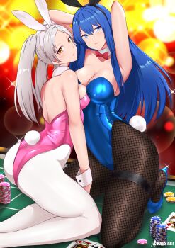 2girls absurdres alternate_costume animal_ears armpits arms_behind_head ass bare_shoulders black_pantyhose blue_eyes blue_hair blue_leotard bow bowtie breasts brown_eyes caeda_(fire_emblem) casino_card_table cleavage closed_mouth commentary commission detached_collar english_commentary fake_animal_ears fake_tail female_robin_(fire_emblem) fire_emblem fire_emblem:_mystery_of_the_emblem fire_emblem:_shadow_dragon fire_emblem_awakening fishnet_pantyhose fishnets grey_hair highleg highleg_leotard highres kaos_art kneeling large_breasts leotard lips looking_at_viewer medium_breasts multiple_girls nintendo on_table pantyhose pink_leotard pink_lips playboy_bunny rabbit_ears rabbit_tail red_bow red_bowtie short_hair smile strapless strapless_leotard table tail twintails very_short_hair white_pantyhose wrist_cuffs
